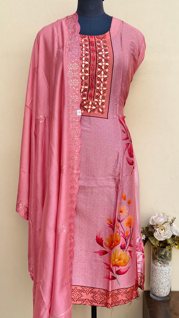 Designer Embroidered Suit Length 3 Piece Pink Muslin Cotton