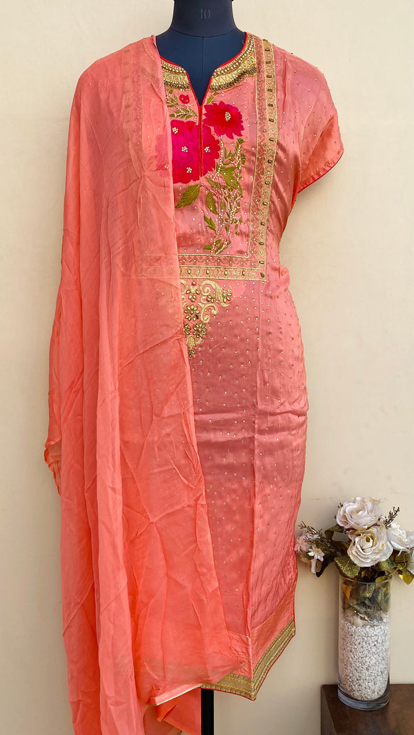 Designer Embroidered Suit Length 3 Piece Pink Muslin Cotton