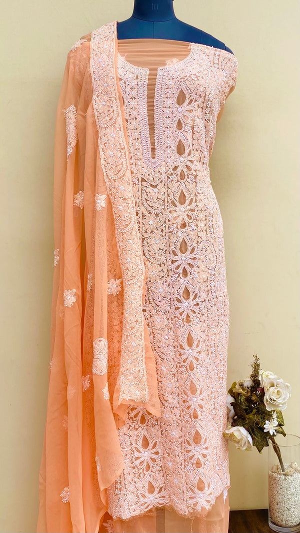 Lucknowi Chikankari Suit Length 3 Piece Orange Georgette