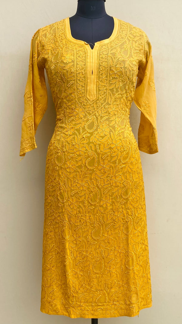 Lucknowi Chikankari Ombre Kurti Mustard Pure Georgette With Resham Work