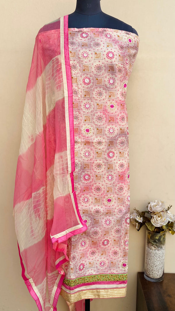 Designer Embroidered Suit Length 3 Piece Pink Muslin Cotton