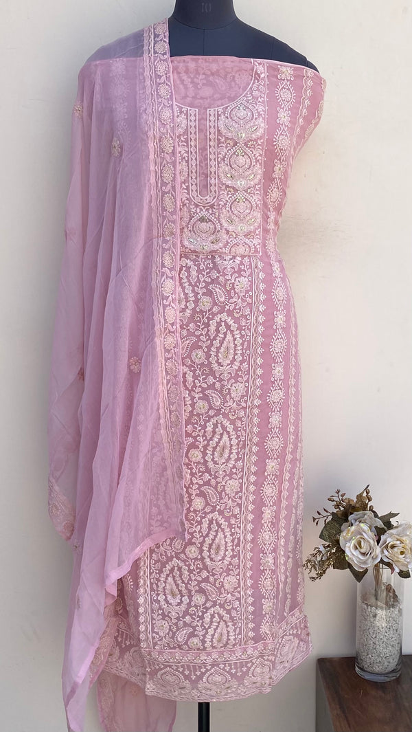 Chikankari Suit Length 3 Piece Pink Georgette With Sequence Work