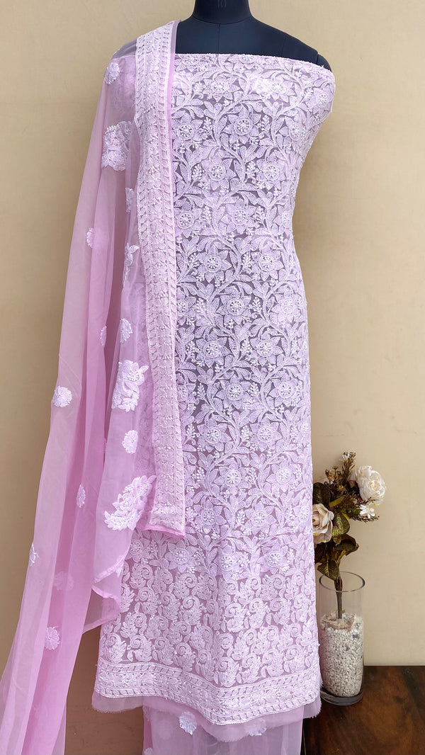 Lucknowi Chikankari Suit Length 3 Piece Pink Georgette