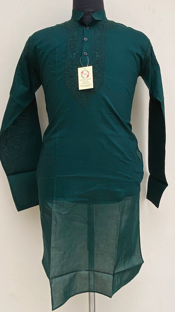 Lucknowi Chikankari Men’s Kurta Bottle Green Cotton