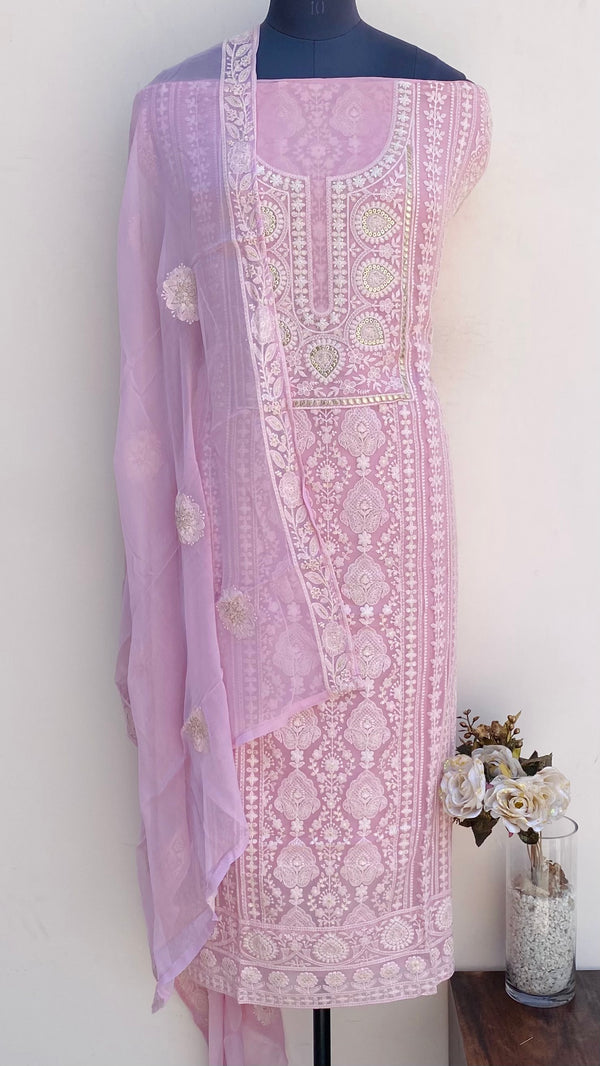 Chikankari Suit Length 3 Piece Pink Georgette With Sequence Work