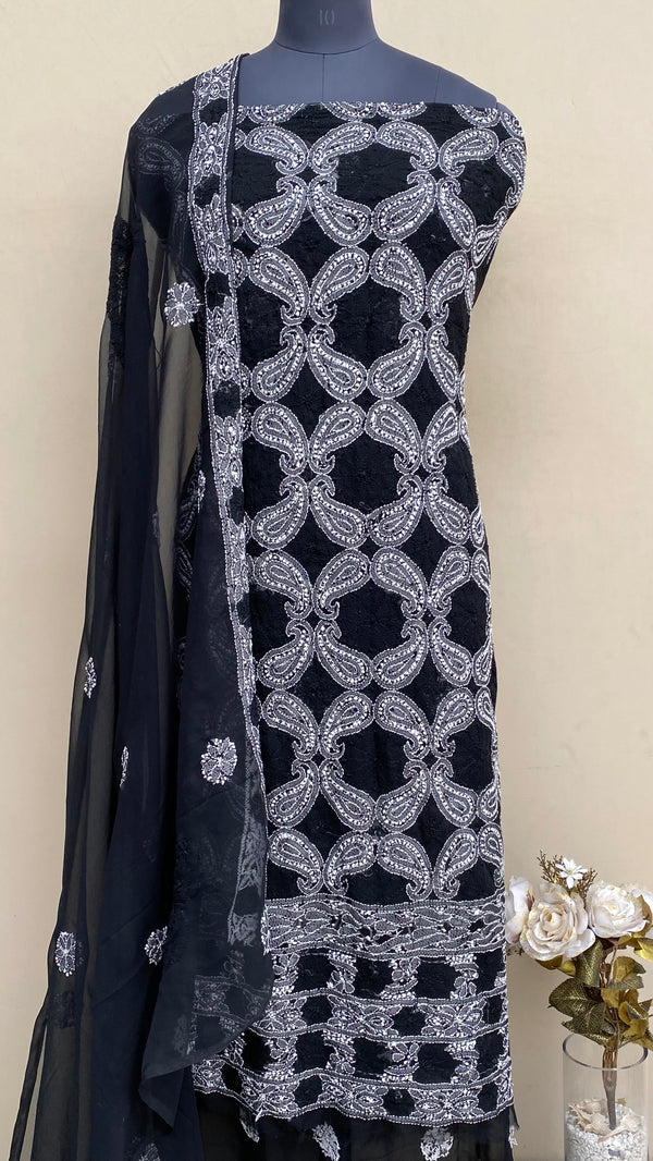 Lucknowi Chikankari Suit Length 3 Piece Black Georgette