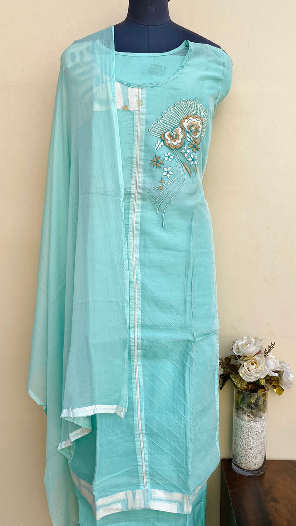 Designer Embroidered Suit Length 3 Piece Blue Mal Chanderi