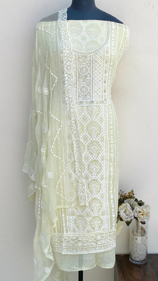 Chikankari Suit Length 3 Piece Cream Georgette With Sequence Work