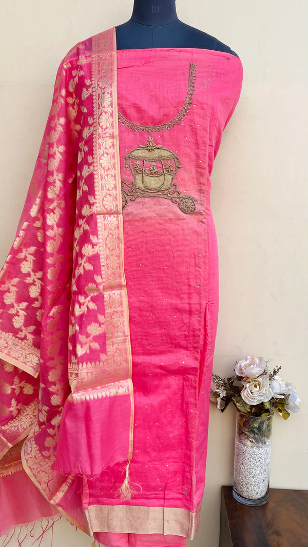 Designer Embroidered Suit Length 3 Piece Pink Mal Chanderi