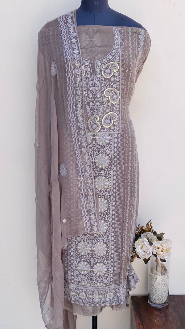 Chikankari Suit Length 3 Piece Gray Pure Georgette With Sequence & Mukaish Work