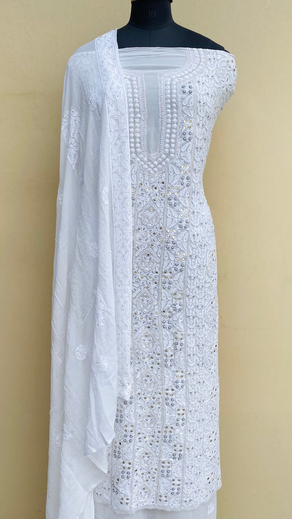 Lucknowi Chikankari Suit Length 2 Piece White Pure Georgette With Mukaish , Pearl & Mirror Work