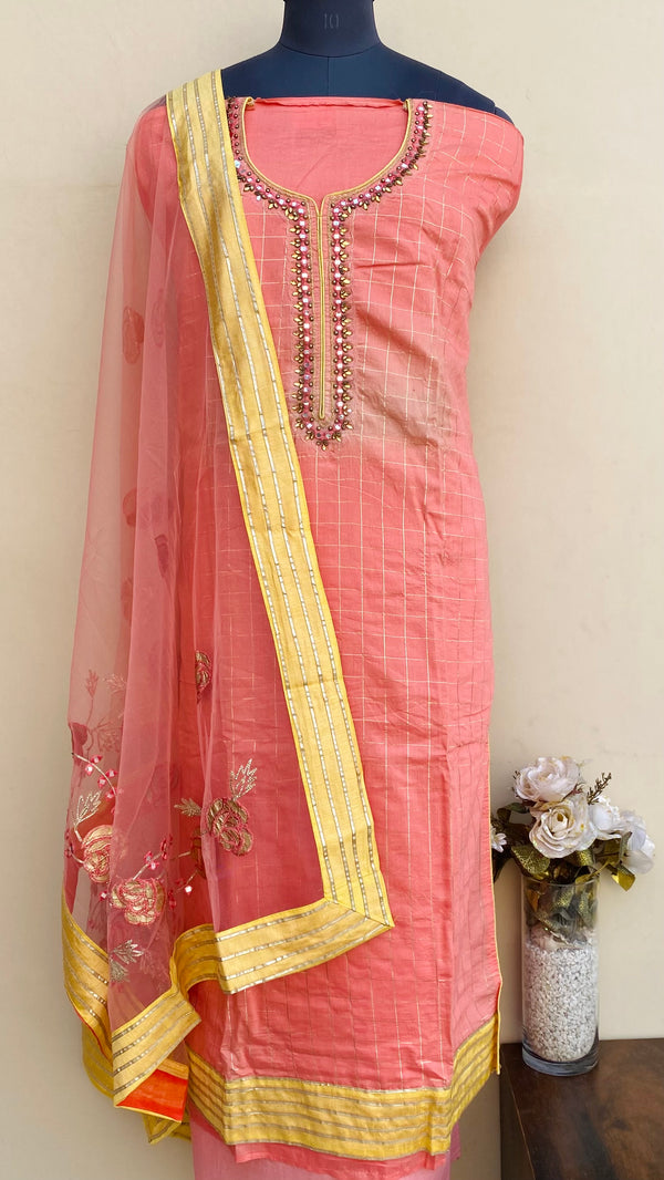 Designer Embroidered Suit Length 3 Piece Peach Mal Chanderi