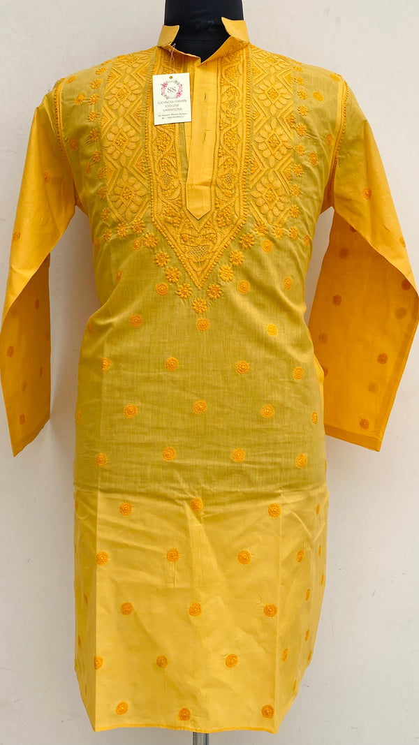 Lucknowi Chikankari Men’s Kurta Yellow Cotton With Jaali Work