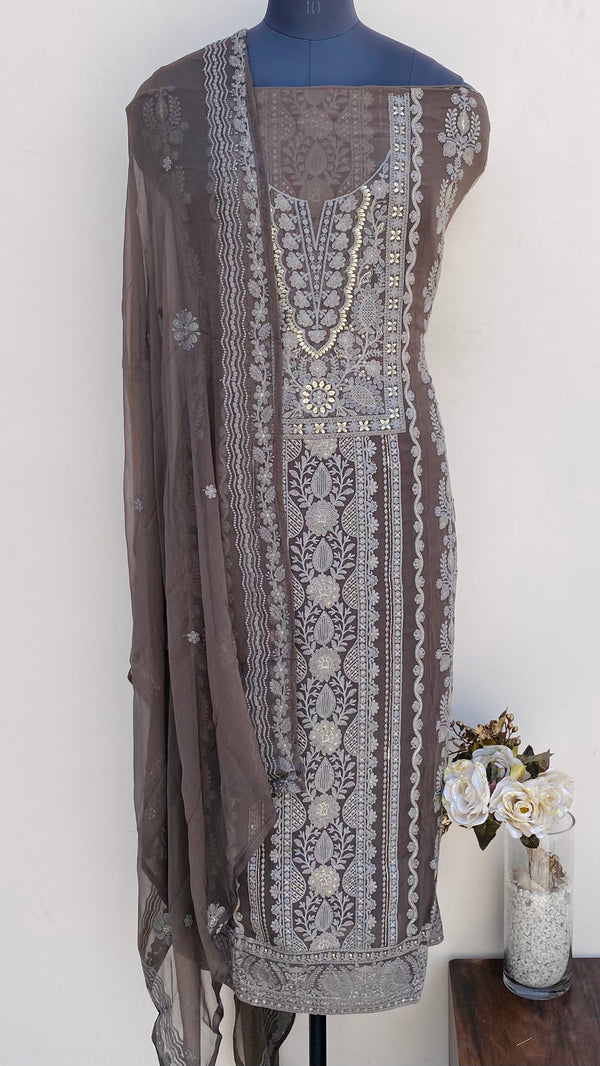 Chikankari Suit Length 3 Piece Brown Pure Georgette With Sequence & Mukaish Work