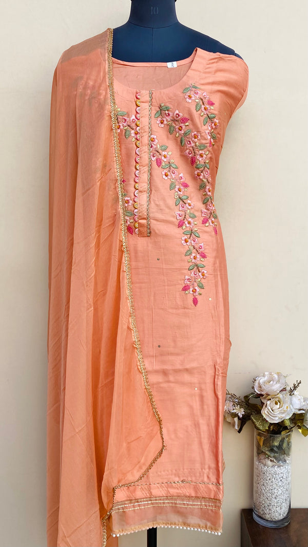 Designer Embroidered Suit Length 3 Piece Peach Mal Cotton