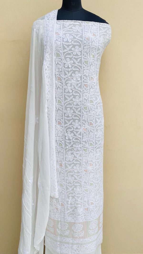 Lucknowi Chikankari Suit Length 2 Piece White Pure Georgette With Cutdana Work