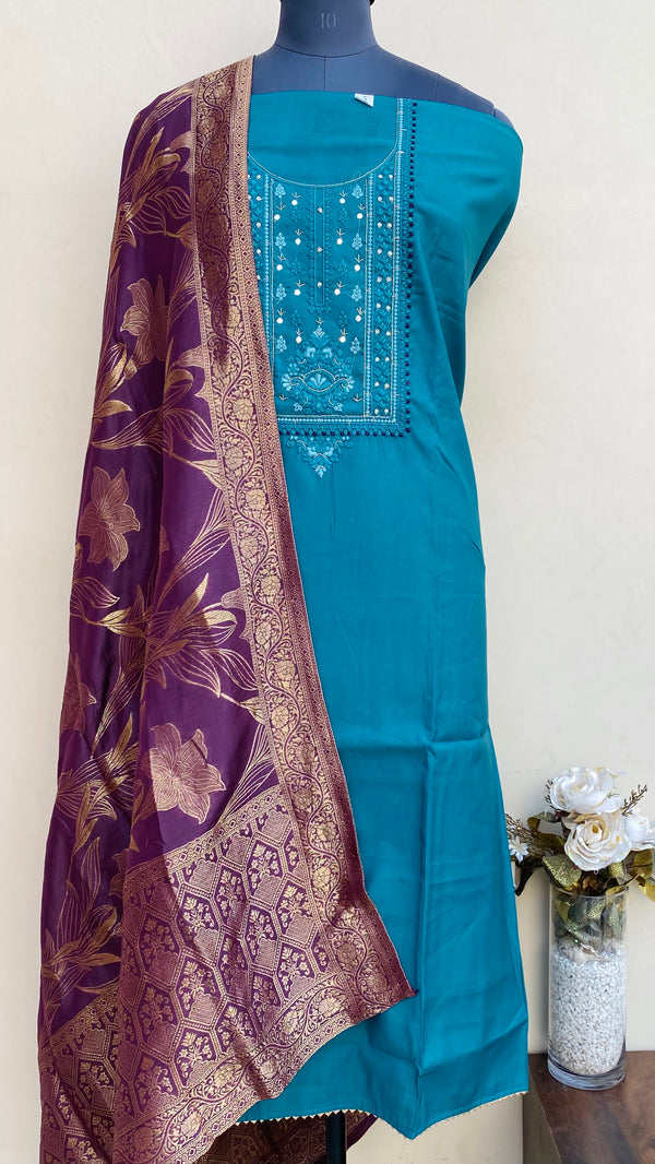 Designer Embroidered Suit Length 3 Piece Blue Muslin Cotton