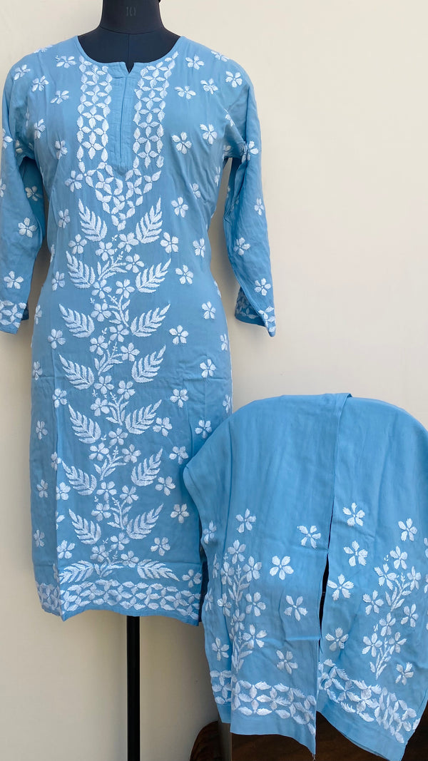 Lucknowi Chikankari Co-ord Set Blue Modal Cotton