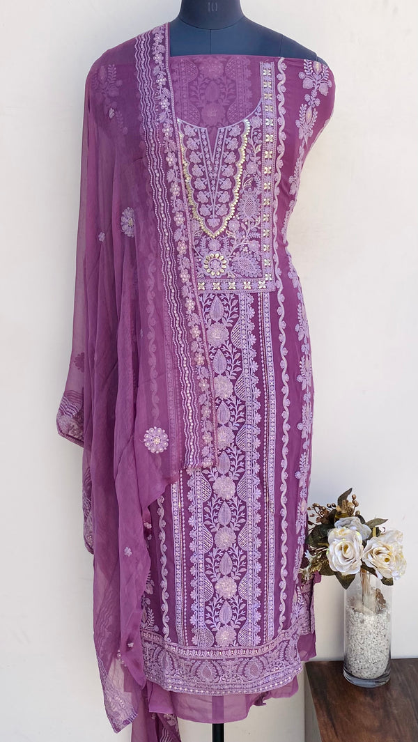 Chikankari Suit Length 3 Piece Wine Georgette With Sequence Work