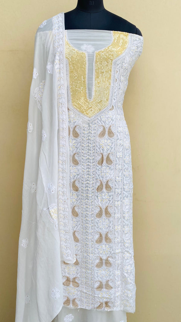 Lucknowi Chikankari Suit Length 2 Piece White Pure Georgette With Pearl & Sequence Work