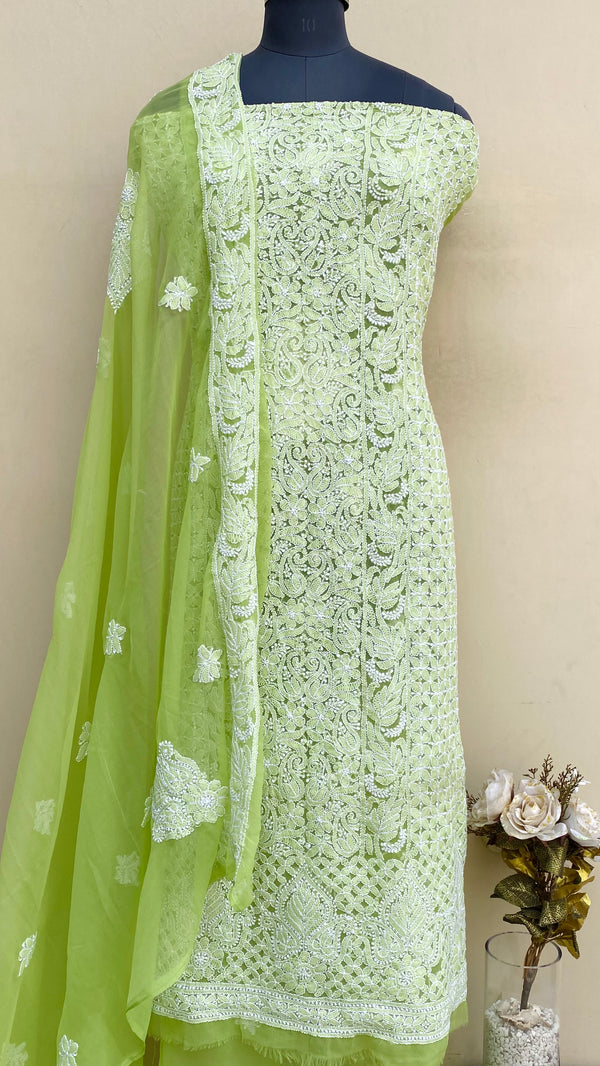 Lucknowi Chikankari Suit Length 3 Piece Parrot Green Georgette