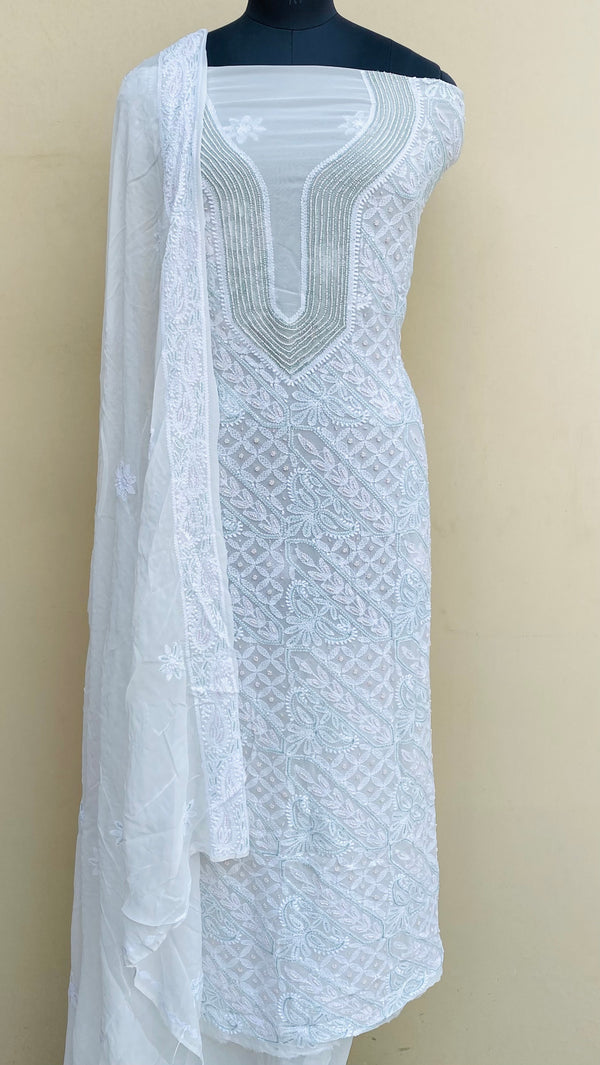 Lucknowi Chikankari Suit Length 2 Piece White Pure Georgette With Cutdana & Pearl Work