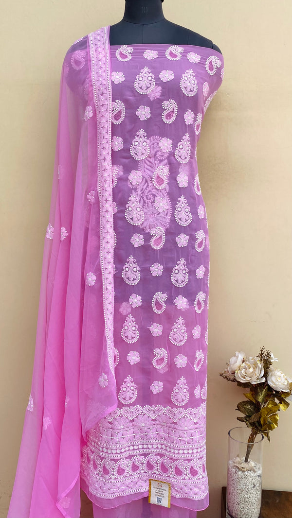 Lucknowi Chikankari Suit Length 3 Piece Pink Georgette With Jaali Work