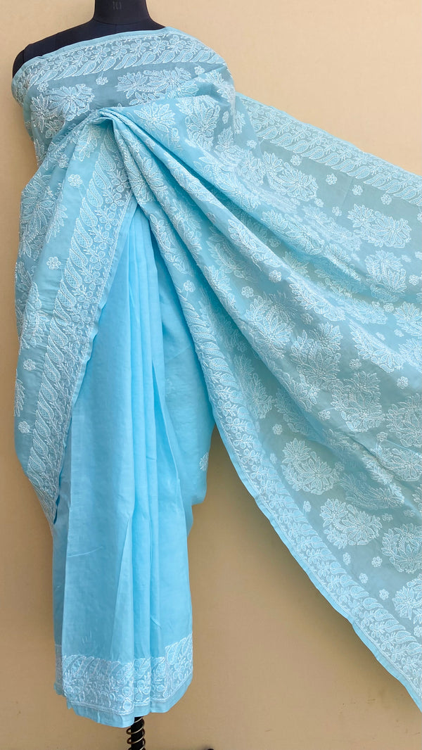 Lucknowi Chikankari Saree Blue Cotton