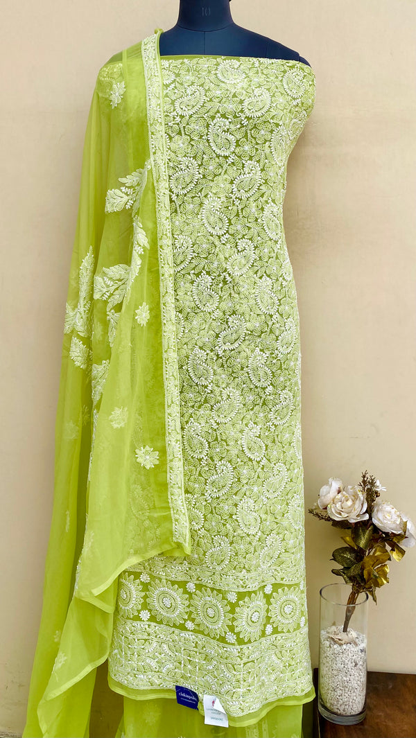 Lucknowi Chikankari Suit Length 3 Piece Parrot Green Georgette