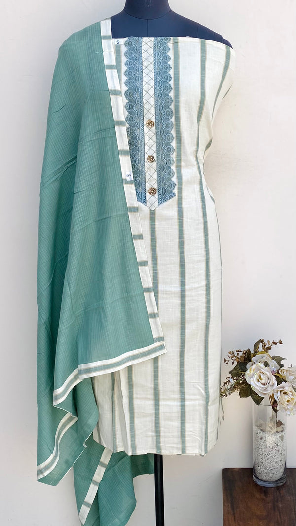Designer Embroidered Suit Length 3 Piece Cream Linen With Pearl Work