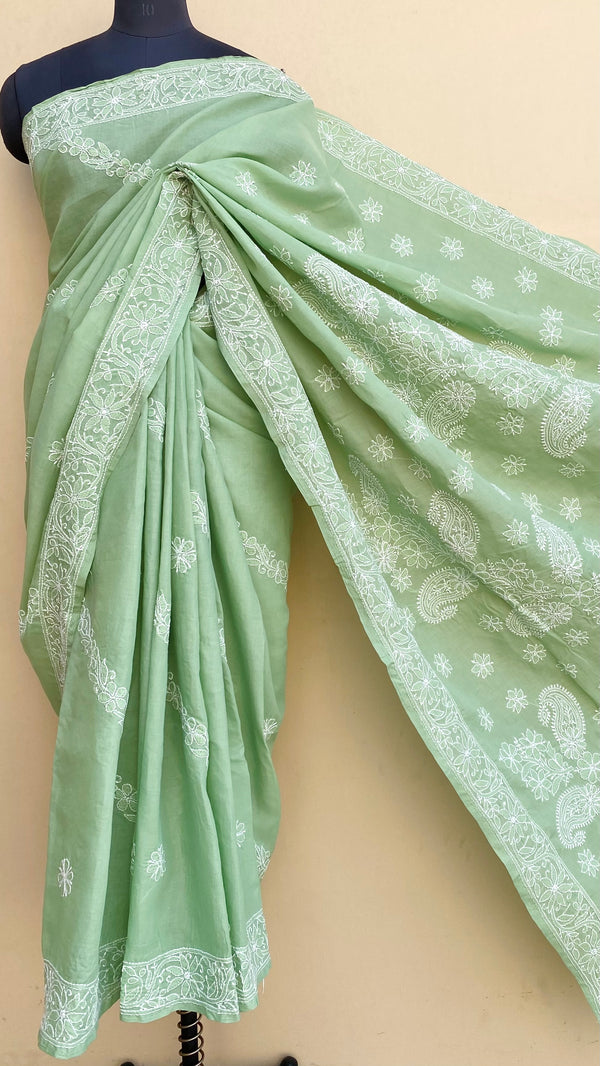 Lucknowi Chikankari Saree Teal Green Cotton