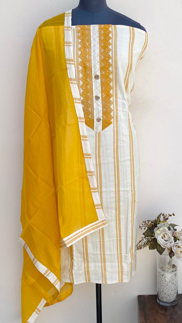 Designer Embroidered Suit Length 3 Piece Cream Linen With Pearl Work
