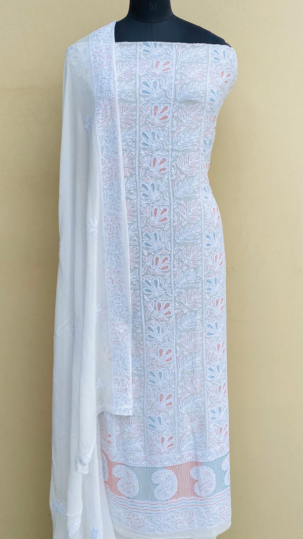 Lucknowi Chikankari Suit Length 2 Piece White Pure Georgette With Cutdana Work