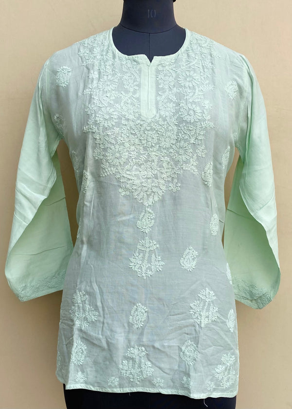 Lucknowi Chikankari Short Kurti Pista Green Mulmul Cotton