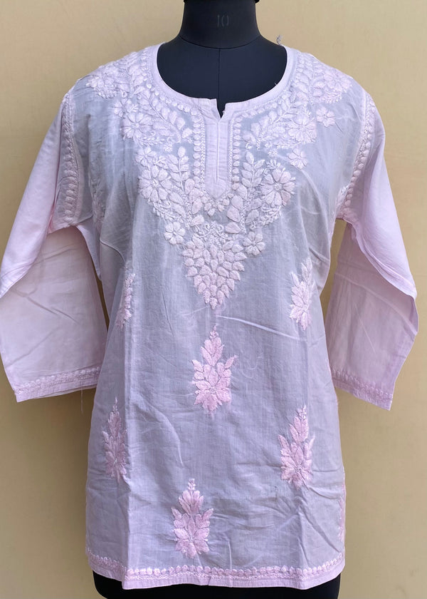 Lucknowi Chikankari Ombre Short Kurti Pink Mulmul Cotton With Self 3D Work