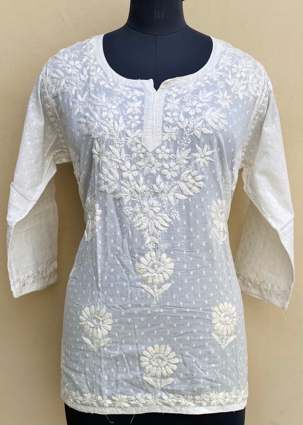 Lucknowi Chikankari Ombre Short Kurti Cream Mulmul Cotton With Self 3D Work