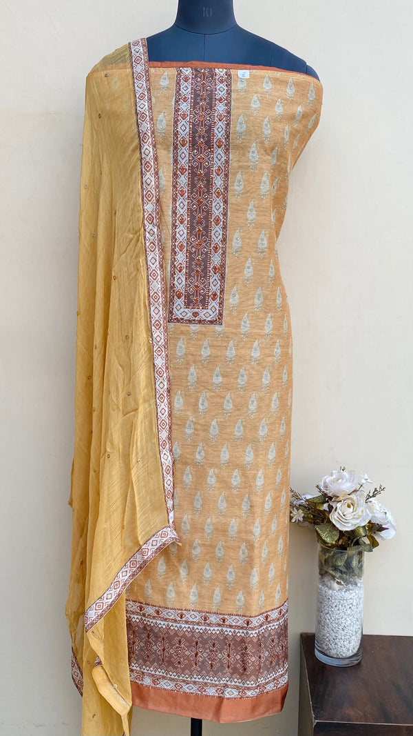 Designer Embroidered Suit Length 3 Piece Mustard Mal Chanderi