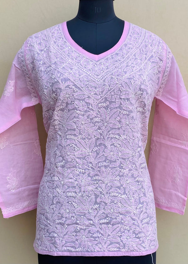 Lucknowi Chikankari Short Kurti Pink Mulmul Cotton