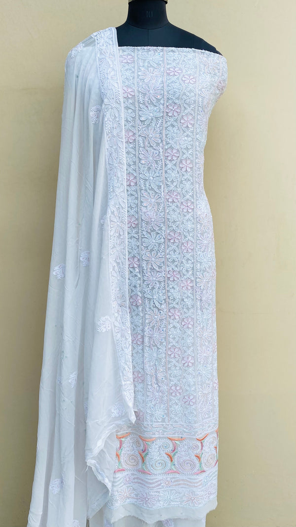 Lucknowi Chikankari Suit Length 2 Piece White Pure Georgette With Cutdana & Sequence Work