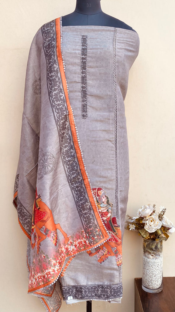 Designer Embroidered Suit Length 3 Piece Gray Mal Chanderi