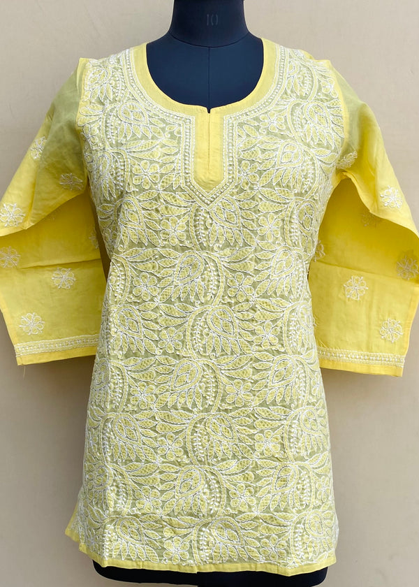 Lucknowi Chikankari Short Kurti Yellow Cotton