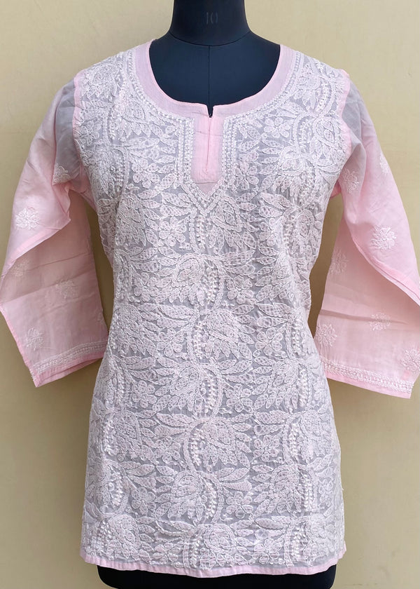 Lucknowi Chikankari Short Kurti Pink Cotton