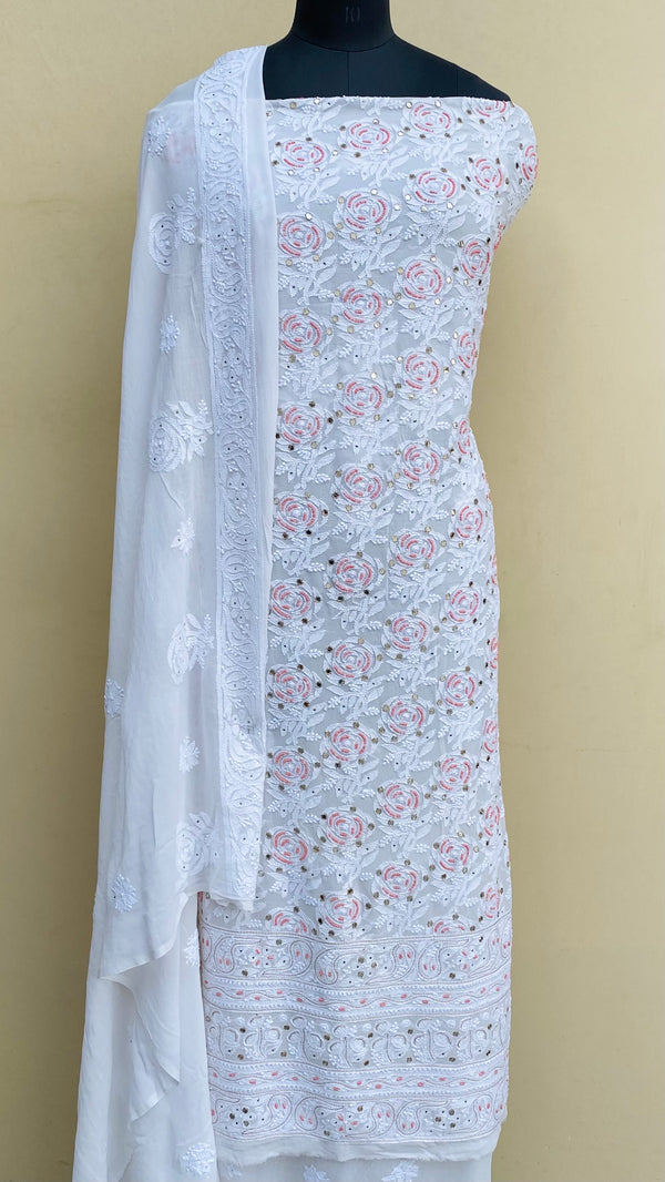 Lucknowi Chikankari Suit Length 2 Piece White Pure Georgette With Pearl ,Mukaish & Mirror Work