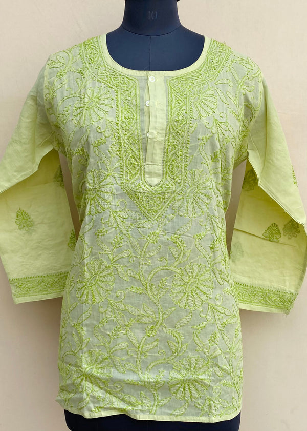 Lucknowi Chikankari Short Kurti Green Mulmul Cotton