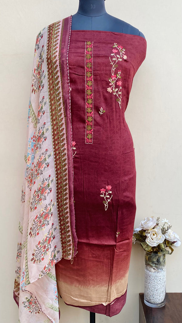 Designer Embroidered Suit Length 3 Piece Maroon Muslin Cotton