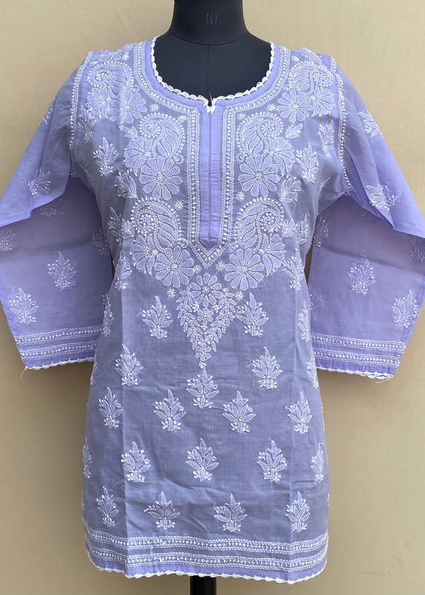 Lucknowi Chikankari Short Kurti Purple Cotton