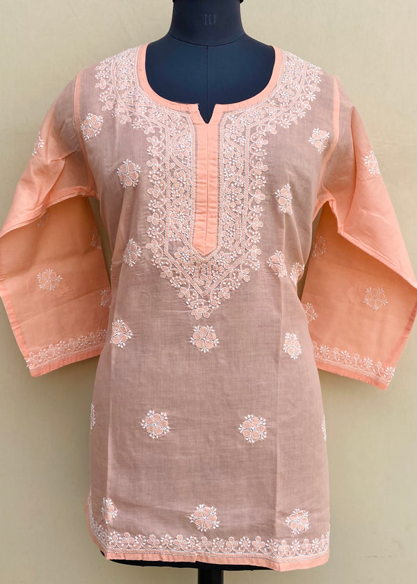 Lucknowi Chikankari Short Kurti Peach Cotton