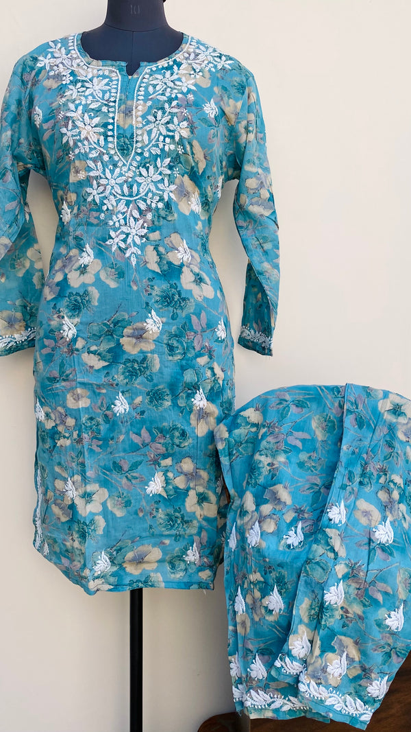 Lucknowi Chikankari Printed Co-ord Set Blue Mulmul Cotton