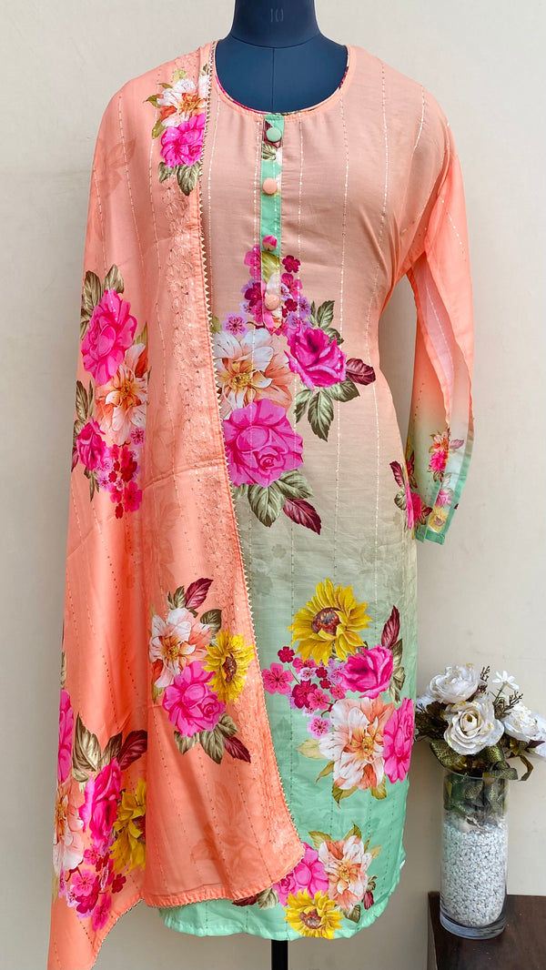 Designer Embroidered Suit Length 3 Piece Peach Muslin Cotton With Sequence Work