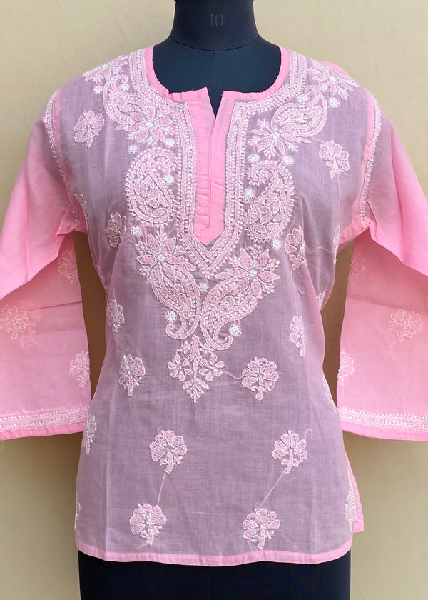 Lucknowi Chikankari Short Kurti Pink Cotton